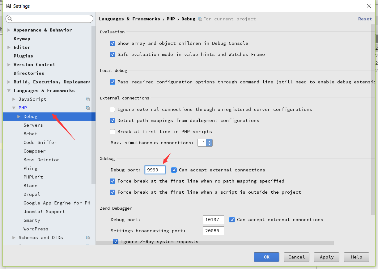 phpstrom default debug port